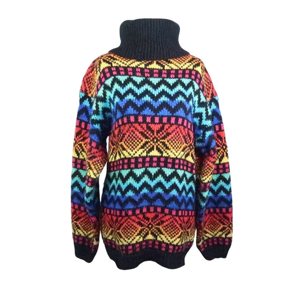 Vintage 80s Carriage Court Rainbow Snowflake Turtleneck Sweater M